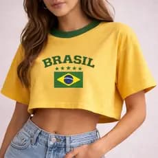 Blusa Cropped Feminina Brasil Copa T-shirt 100% Algodão Gola Redonda Futebol Macio Leve