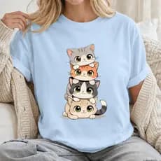 Camiseta Blusa Feminina Algodão Gola Redonda Verão Estampa Criativa Gatinho Premium