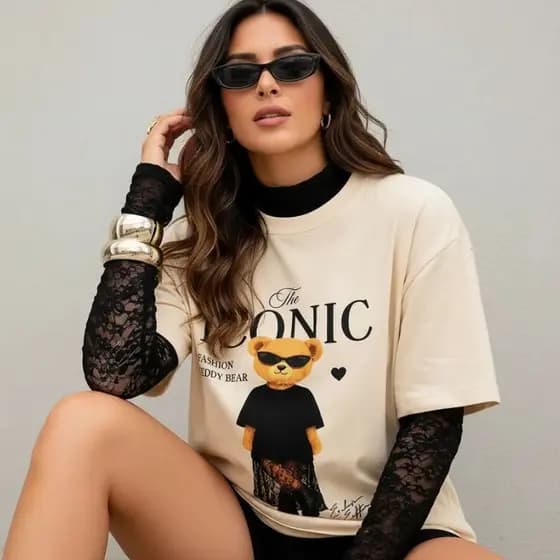 Camiseta Feminina Ursinho Fashion T-Shirt Estampada Moda Casual Chic Tendência Estilosa