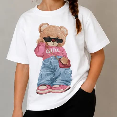 Camiseta Infantil Estampa Urso Rosa Gola Redonda Blusa 100% Algodão Tecido Leve Divertido