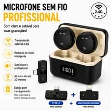 Microfone Lapela Sem Fio Duplo 2.4G Para Android E IOS Com Adaptador Lightning Redução de Ruído Estojo de Carregamento
