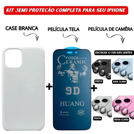 Kit Case Branco + Cerâmica Fosca Privacidade + Protetor Câmera Colorido iPhone 11 13 14 15 16 Pro Max - ADH