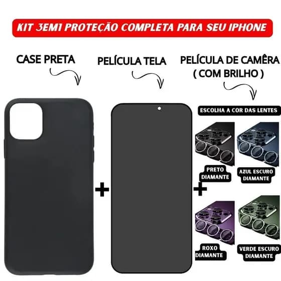 Kit Case Preto + Vidro 3D Anti Espião + Protetor Lente Diamante iPhone 11 12 13 14 15 16 Pro Max - ADH