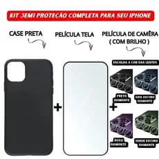 Kit Case Preto + Vidro Temperado 3D + Lente Câmera Diamante iPhone 11 12 13 14 15 16 Pro Max - ADH