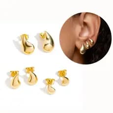 Brinco Kit Trio De Gota Banhado Ouro 18k e Em Prata 925   P M G Antialérgico