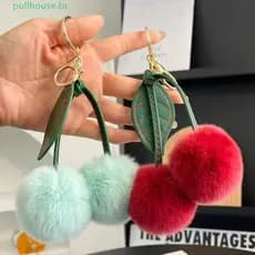 Chaveiro PULLHOUSE De Cereja , Pingente De Bolsa Bola Pompom Multicolor , De Pele De Pelúcia Fofinha De Frutas
