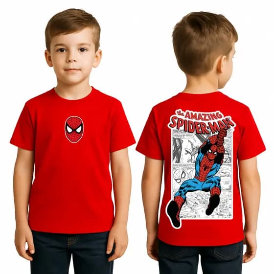 Camiseta Infantil Spider Man Homem Aranha Vermelha Estampa Grande Costas Meninos 2 ao 14