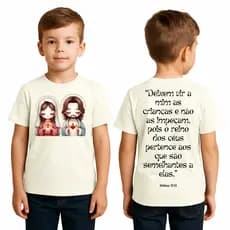 Camiseta Infantil Jesus e Maria Frase Bíblica Deixem Vir A Mim As Crianças Moda Cristã Catolica