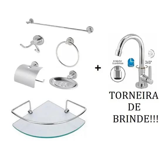 Kit Acessório Para Banheiro Aço Inox 6 Peças Com Porta Shampoo Canto + Torneira Lavatório Banheiro