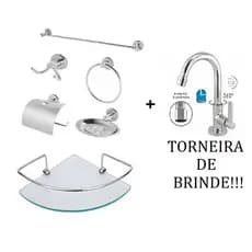 Kit Acessório Para Banheiro Aço Inox 6 Peças Com Porta Shampoo Canto + Torneira Lavatório Banheiro