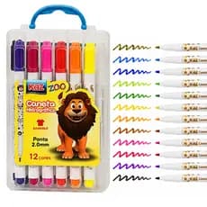 Canetinha Hidrográfica Lavável 12 Cores Escolar Infantil Ponta 2.0mm Estojo Alça 1 2 3 4 5 Unidades