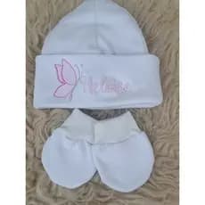 Kit  Touca E Luva RN  Com Borboleta E Nome Bordados/Saída De Maternidade/Presente Para Bebês/Kit Para Bebê