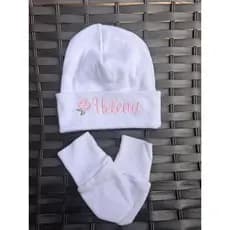 Kit Touca e Luva RN Personalizado  Com Flor E Nome Bordado