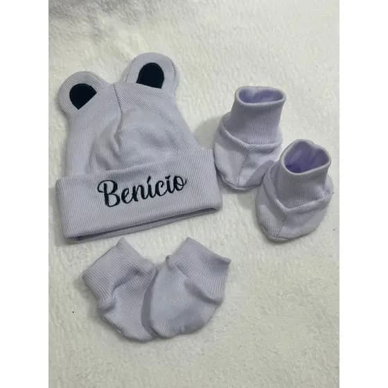 Kit Touca RN Personalizada Letra Cursiva E Orelha De Urso  Com Luva E Sapatinho