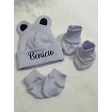 Kit Touca RN Personalizada Letra Cursiva E Orelha De Urso  Com Luva E Sapatinho