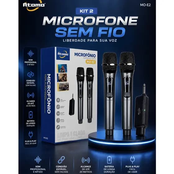 Kit 2 Microfone MO-E2 Dinâmico Sem Fio Profissional Recarregável UHF e Wireless Com Receptor