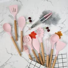 Conjunto de Utensílios de Cozinha 12Pçs - Silicone e Cabo de Madeira - cor rosa