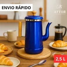 BULE N10 2,5 L AZUL METÁLICO COM CABO DE MADEIRA E PEGADOR DA TAMPA ME MADEIRA ALUMÍNIO RETRÔ CANTINHO DO CAFÉ CHÁ LEITE