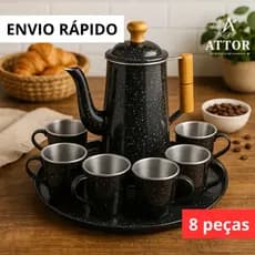 KIT CAFEZINHO 8 PEÇAS  1 BULE 1L COM 6 XICARAS 150ML E 1 BANDEJA  EM ALUMÍNIO COM CABO E PEGADOR DA TAMPA DE MADEIRA