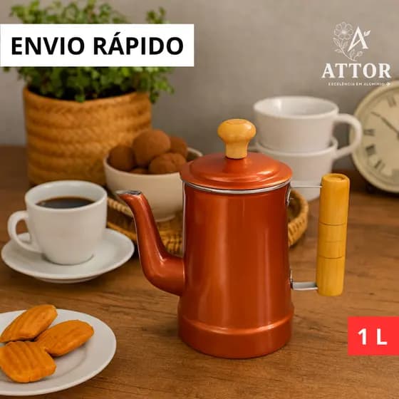 BULE N6 1 L PINTADO COBRE COM CABO DE MADEIRA E PEGADOR DA TAMPA DE MADEIRA ALUMÍNIO RETRÔ CANTINHO DO CAFÉ