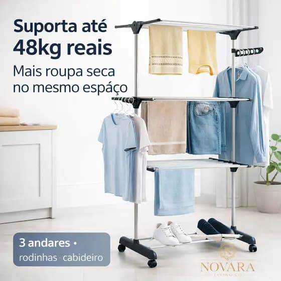 Varal de Chão Dobrável 3 Andares 48kg com Rodinhas e Cabideiro