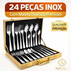Jogo Talheres 24 Peças Faqueiro Aço Inox Luxo Premium Com Maleta Dourada