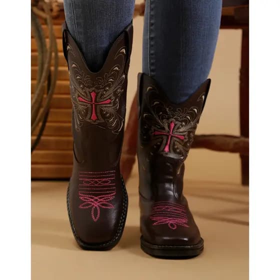 Bota Feminina Country Texana Boiadeira | Bordado Cruz, Pimenta e Flor 3D | Pronta Entrega
