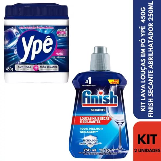 Kit Lava Louças Ypê 450g Detergente em Pó + Finish Secante Abrilhantador 250ml