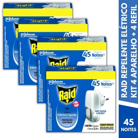 KIT 4 Raid Repelente Elétrico Tomada C/4 Aparelhos + Refil 32,9ml 45 Noites Bivolt Mata Mosca Mosquito Pernilongo