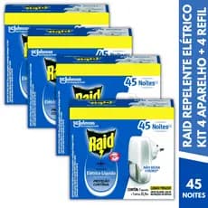 KIT 4 Raid Repelente Elétrico Tomada C/4 Aparelhos + Refil 32,9ml 45 Noites Bivolt Mata Mosca Mosquito Pernilongo