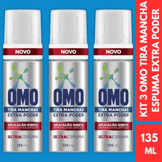 KIT 3 Tira Mancha OMO Ultra Espuma Extra Poder Lava Roupas Líquido Alvejante Removedor Frasco 135ml