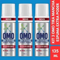 KIT 3 Tira Mancha OMO Ultra Espuma Extra Poder Lava Roupas Líquido Alvejante Removedor Frasco 135ml