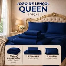 Kit Jogo De Lençol Queen 300 Fios Cor Azul Marinho Conjunto 4 Peças Cama Box Casal Queen Com Elástico Micropercal Toque