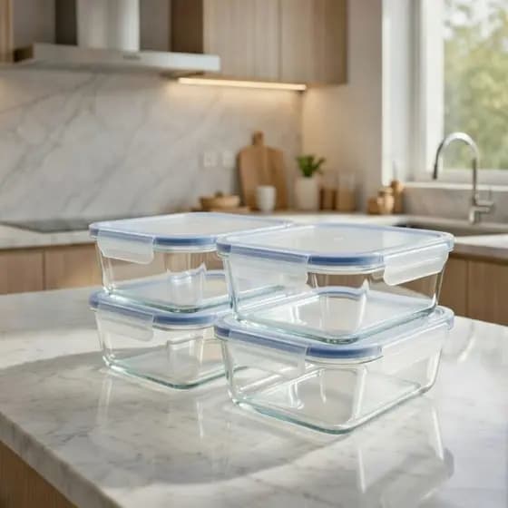 Jogo de Potes Vidro 4UN 1500ml Hermético Retangular com Tampa Trava Segura para Freezer Microondas Marmitas Fitness