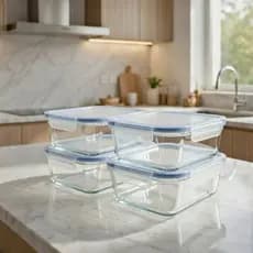 Jogo de Potes Vidro 4UN 1500ml Hermético Retangular com Tampa Trava Segura para Freezer Microondas Marmitas Fitness