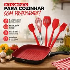 Kit Frigideira Grill Indução 24cm Antiaderente + Utensílios Silicone 5 Peças Não Gruda grill antiaderente com acessórios
