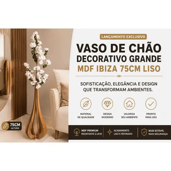 Vaso de Chão Decorativo Grande MDF 75cm Design Moderno Sala de Estar Hall Luxo Elegante Premium