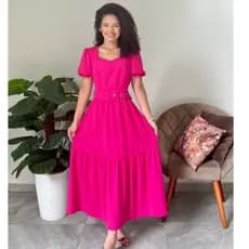 Vestido Midi Giovana  Rodado com Cinto Manga Princesa - Cor -Pink