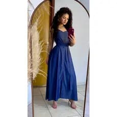 Vestido Longo Azul Jeans Feminino com Cinto Elegante