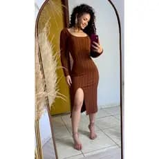 Vestido Midi Canelado Manga Longa | Modelo Tubinho Fenda Lateral