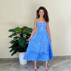 Vestido Midi Marceli Alça Detalhe Aberto no Decote Coraçao -Azul