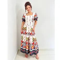 Vestido Feminina Longo Helena Com Manga Princesa com Punho – Branco Estampado