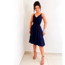 Vestido Curto Alice Alça Fina com Bojo detalhe em Amarração Verão- Azul Escuro