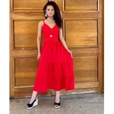 Vestido Midi Marceli Alça Detalhe Aberto no Decote -Vermelho