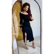 Vestido Midi Canelado Manga Longa | Modelo Tubinho Fenda Lateral