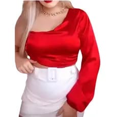Top Cropped um Ombro Só Mula Manca Moda Gringa Cetim com Elastano
