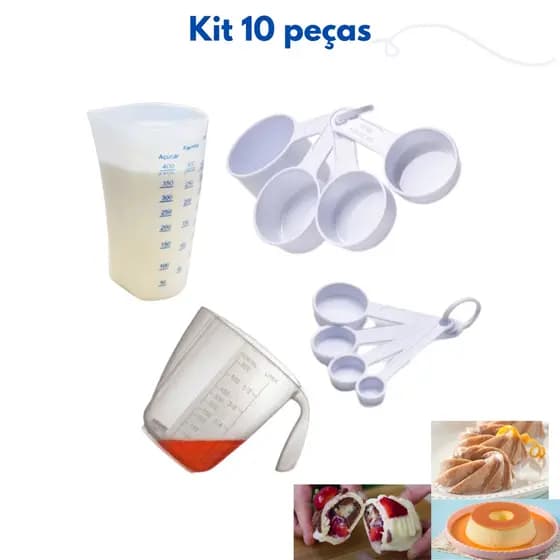 kit 10 peças de medidores medida - xícara e colher (branco), copo bico alongado, jarra de 600ml