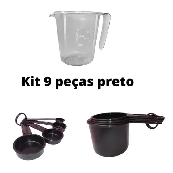 conjunto preto  9 peças kit jarra colher e xicara lar casa utensílios medidores atacado e varejo