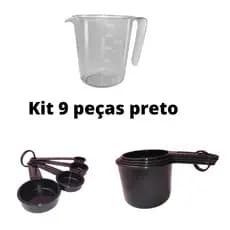 conjunto preto  9 peças kit jarra colher e xicara lar casa utensílios medidores atacado e varejo