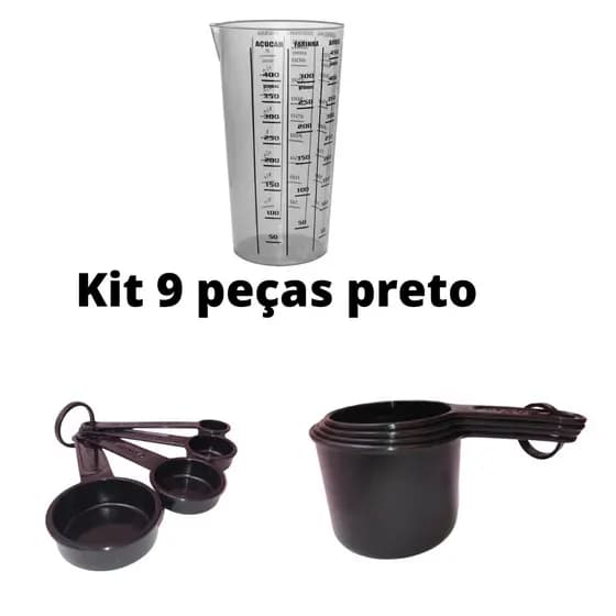 kit 9 peças preto colher xicara e copo medidor casa lar utensílios atacado e varejo